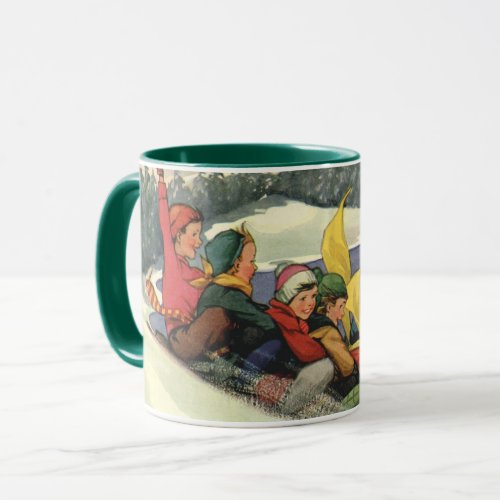 Vintage Christmas Children Sledding on a Mountain Mug