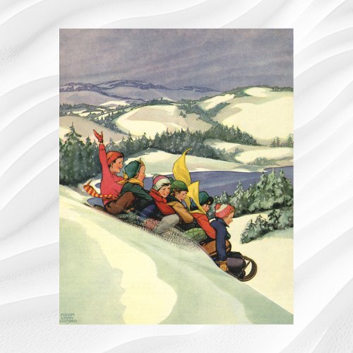 Vintage Christmas Children Sledding on a Mountain Poster