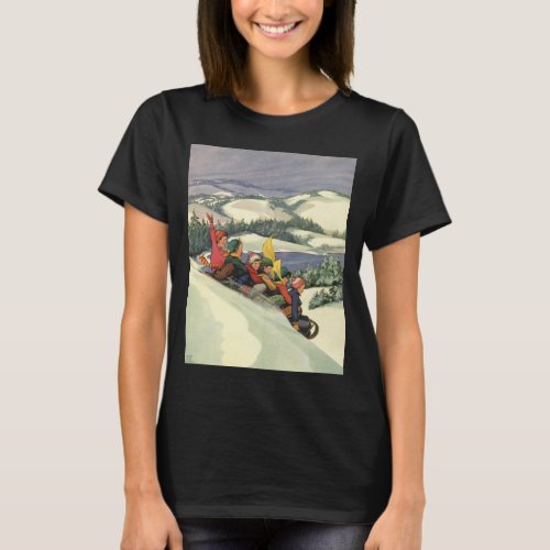 Vintage Christmas Children Sledding on a Mountain T_Shirt