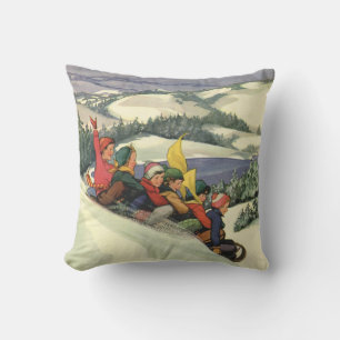 Vintage Christmas, Children Sledding on a Mountain Throw Pillow