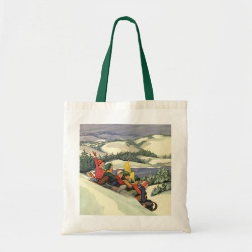 Vintage Christmas Children Sledding on a Mountain Tote Bag