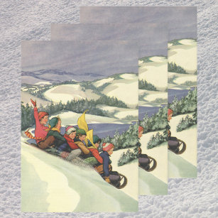 Vintage Christmas, Children Sledding on a Mountain Wrapping Paper Sheets