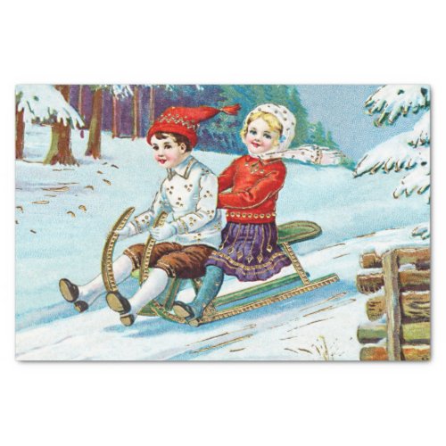 Vintage Christmas Children Sledding Tissue Paper
