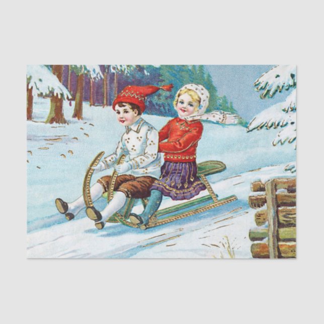 Vintage Christmas Children Sledding Tissue Paper (Front)