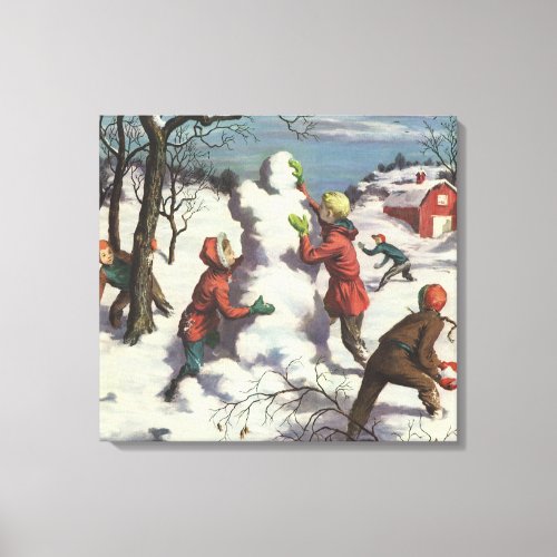 Vintage Christmas Children Snowball Fight Canvas Print