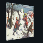 Vintage Christmas, Children Snowball Fight Canvas Print<br><div class="desc">Vintage illustration Merry Christmas holiday image featuring children having fun outside with a snowball fight. The kids are throwing snowballs and building a snowman on a winter day.</div>