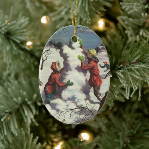 Vintage Christmas Children Snowball Fight Ceramic Ornament