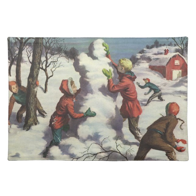 Vintage Christmas, Children Snowball Fight Cloth Placemat (Front)