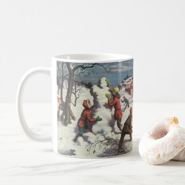 Vintage Christmas, Children Snowball Fight Coffee Mug (With Donut)