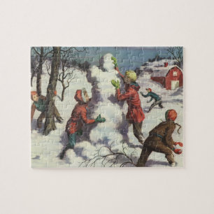 Vintage Christmas, Children Snowball Fight Jigsaw Puzzle