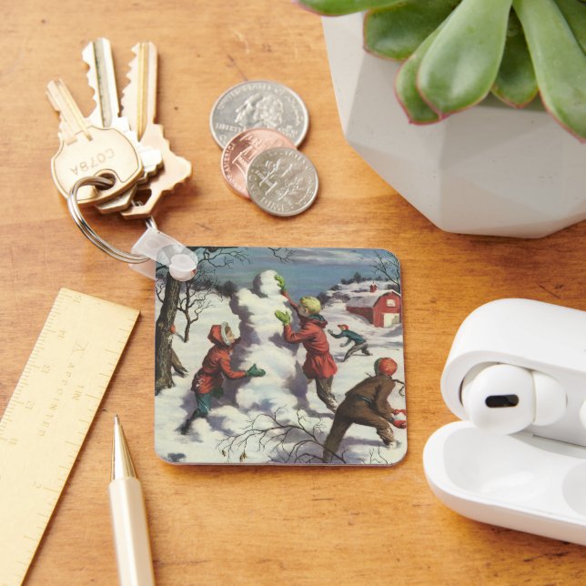 Vintage Christmas, Children Snowball Fight Keychain (Desk)