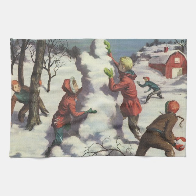 Vintage Christmas, Children Snowball Fight Kitchen Towel (Horizontal)
