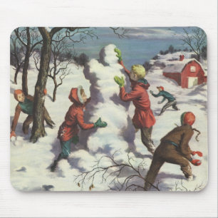 Vintage Christmas, Children Snowball Fight Mouse Pad