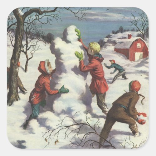 Vintage Christmas Children Snowball Fight Square Sticker