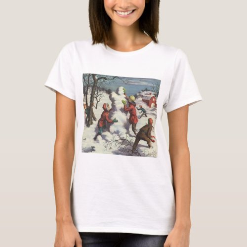 Vintage Christmas Children Snowball Fight T_Shirt