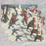 Vintage Christmas, Children Snowball Fight Wrapping Paper Sheets<br><div class="desc">Vintage illustration Merry Christmas holiday image featuring children having fun outside with a snowball fight. The kids are throwing snowballs and building a snowman on a winter day.</div>