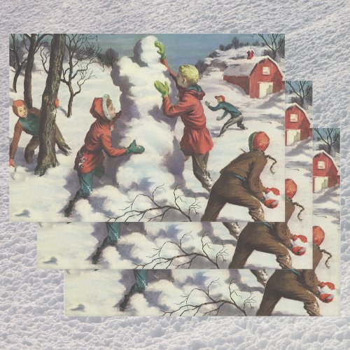 Vintage Christmas Children Snowball Fight Wrapping Paper Sheets