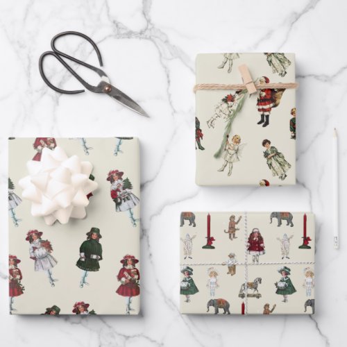 Vintage Christmas Children  Toys Red Green White Wrapping Paper Sheets