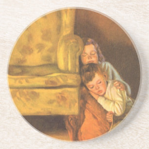 Vintage Christmas Children Waiting for Santa Claus Coaster