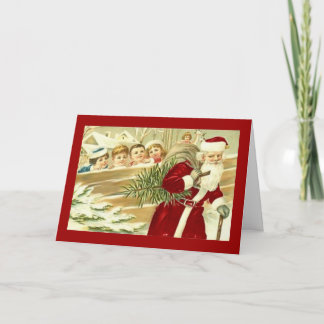 Vintage Christmas Children Watching Santa Claus Holiday Card