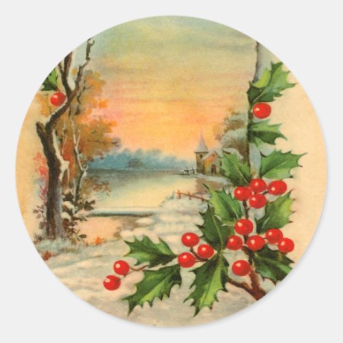 Vintage Christmas Church and Holly Stickers