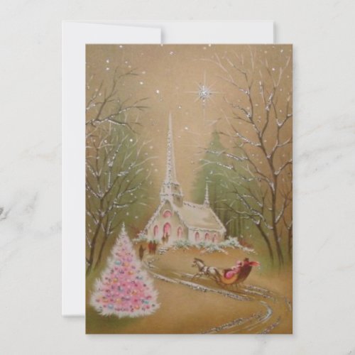 Vintage Christmas Church Glitter Winter Holiday Card