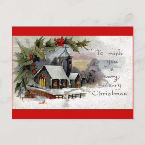 Vintage Christmas Church Holiday Postcard