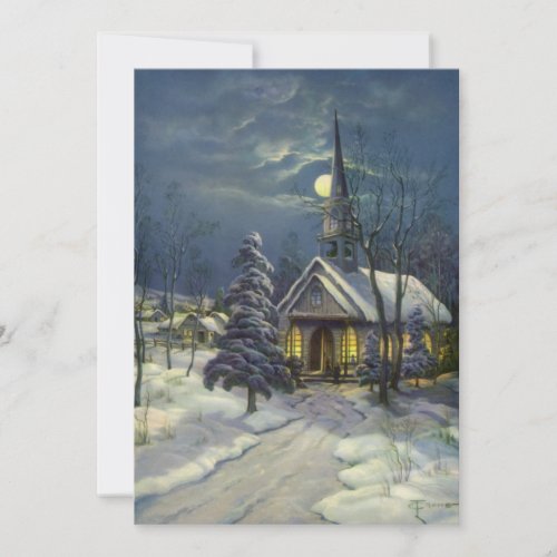 Vintage Christmas Church in Snow Moon Invitation