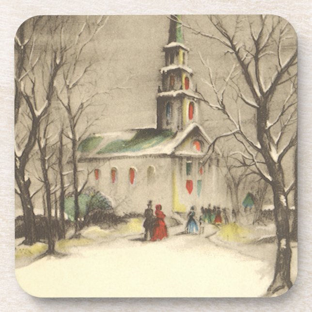 Vintage Christmas, Church in Winter Snowscape Beverage Coaster (Front)