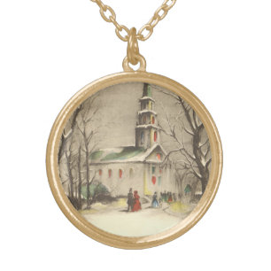 Vintage Christmas, Church in Winter Snowscape Gold Plated Necklace