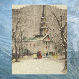 Vintage Christmas, Church in Winter Snowscape Jigsaw Puzzle