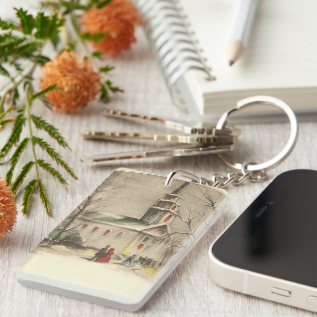 Vintage Christmas, Church in Winter Snowscape Keychain (Front Right)