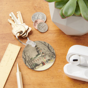 Vintage Christmas, Church in Winter Snowscape Keychain