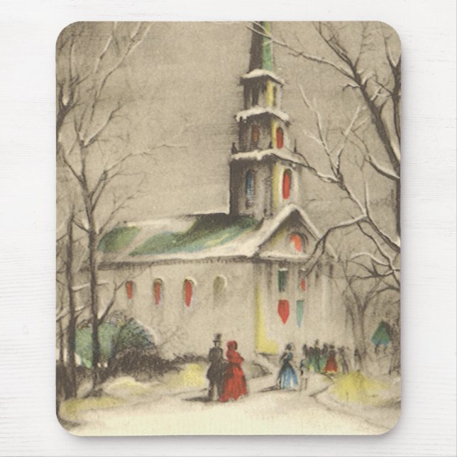 Vintage Christmas, Church in Winter Snowscape Mouse Pad (Front)