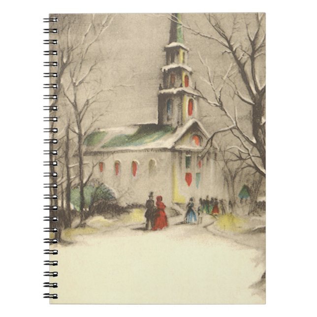 Vintage Christmas, Church in Winter Snowscape Notebook (Front)