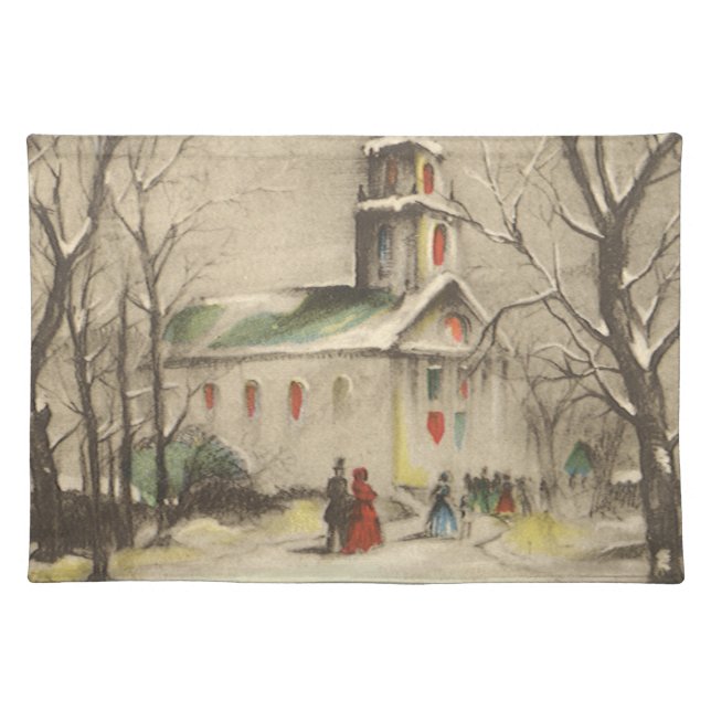 Vintage Christmas, Church in Winter Snowscape Placemat (Front)