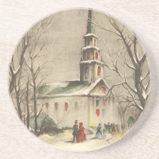 Vintage Christmas, Church in Winter Snowscape Sandstone Coaster (Front)