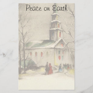 Vintage Christmas, Church in Winter Snowscape Stationery