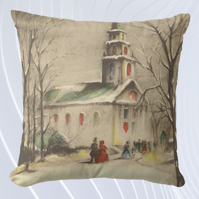 Vintage Christmas, Church in Winter Snowscape Throw Pillow (Creator Uploaded)