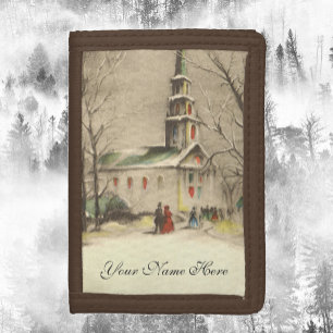 Vintage Christmas, Church in Winter Snowscape Tri-fold Wallet