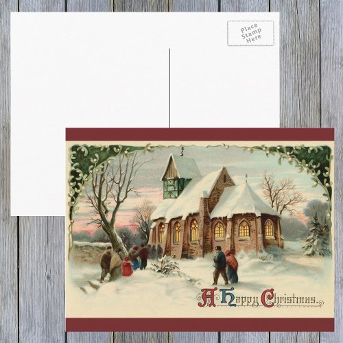 Vintage Christmas Church Parishioners at Dawn Mass Holiday Postcard