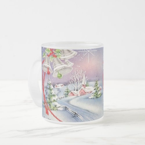 Vintage Christmas Church Silver Bells North Star  Frosted Glass Coffee Mug