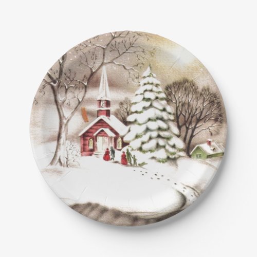 Vintage Christmas Church Snow Pine Tree Family Paper Plates