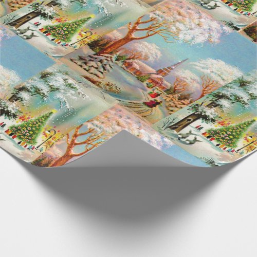 Vintage Christmas Church Snow Scenes Shabby Chic Wrapping Paper