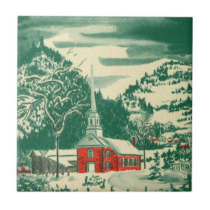 Vintage Christmas Church, Snowscape in Winter Ceramic Tile