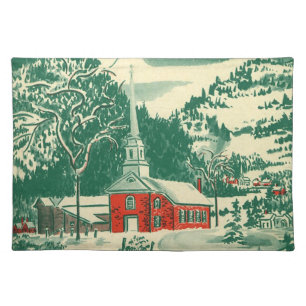 Vintage Christmas Church, Snowscape in Winter Cloth Placemat