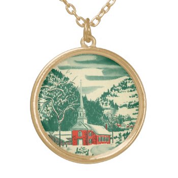 Vintage Christmas Church  Snowscape In Winter Gold Plated Necklace by ChristmasCafe at Zazzle