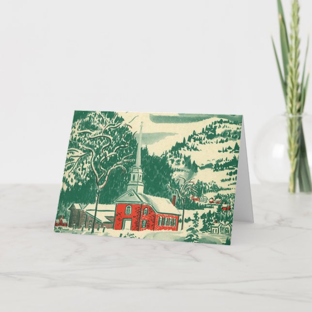Vintage Christmas Church, Snowscape in Winter Holiday Card (Front)