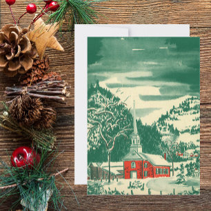 Vintage Christmas Church, Snowscape in Winter Holiday Card