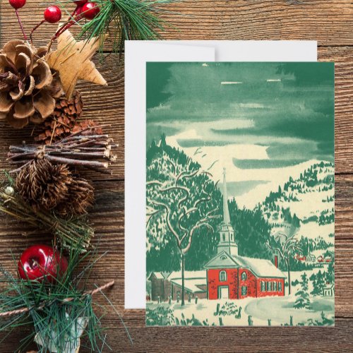Vintage Christmas Church Snowscape in Winter Holiday Card